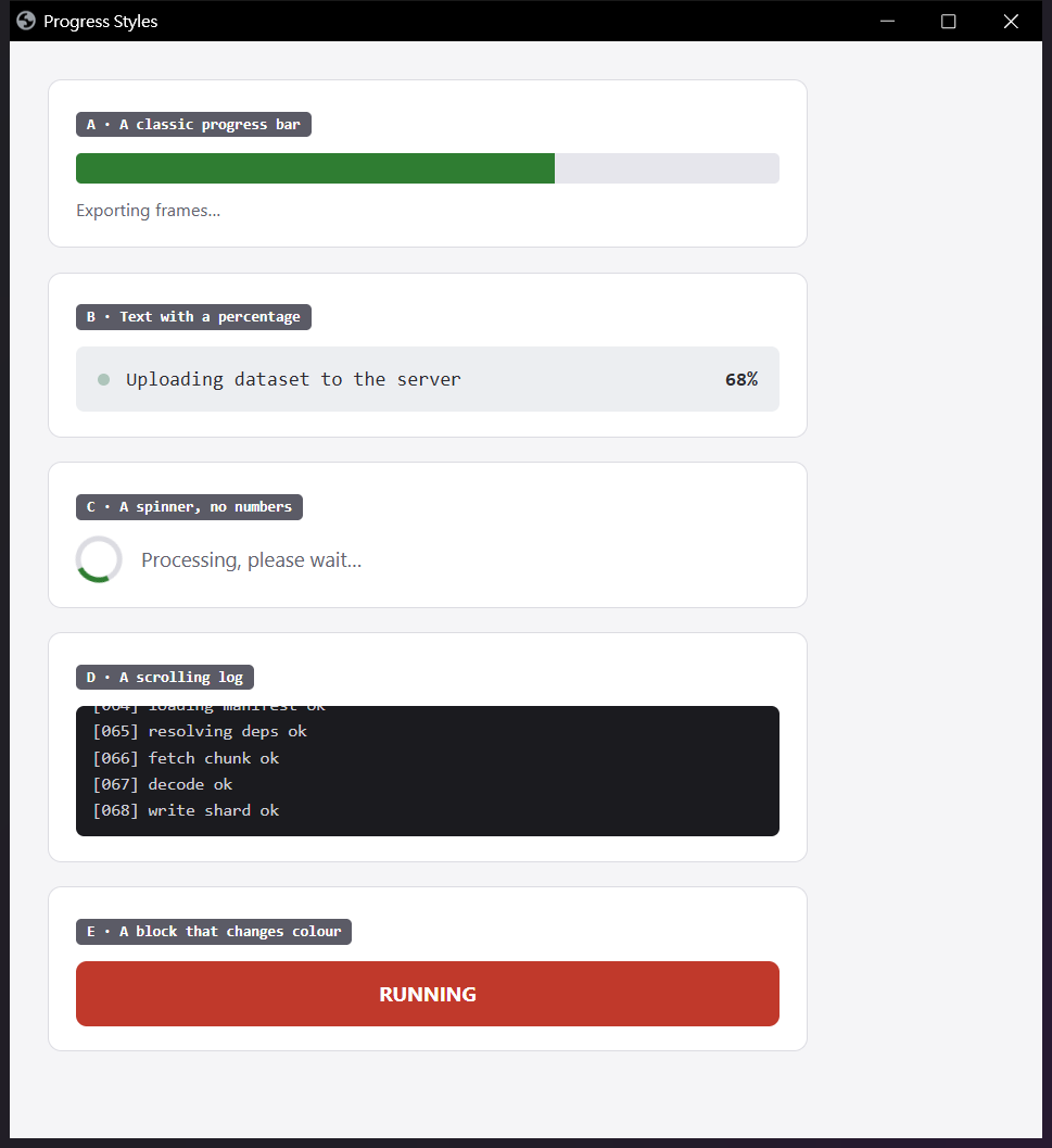 Five common progress styles: a classic bar, a line of text with a percentage, a spinner, a scrolling log, and a status block that turns green when finished